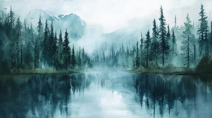 Wandcirkels Mistig bos Misty Mountain Lake Reflection: A Serene Watercolor Landscape  © rawdesign