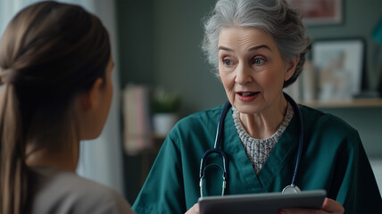 Obraz premium 高齢女性医師と若い女性患者の個別健康相談風景