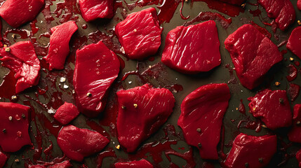 Fresh red beef cuts arranged artfully on a dark surface, highlighting the rich color and texture of the meat.