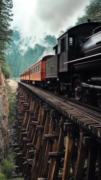 A vintage train crossing a rickety wooden bridge over a deep canyon