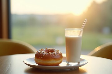 Indulgent donut and milk enjoying serene morning light