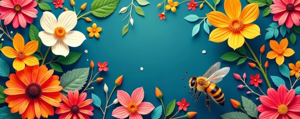 Obraz premium Colorful floral and bee background for wallpaper and stationery, background, seamless