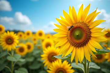 Fototapeta premium A bright sunflower stands tall in a field, attracting a busy bee. The vibrant yellow petals contrast beautifully against the clear blue sky, embodying the essence of summer and nature's beauty.