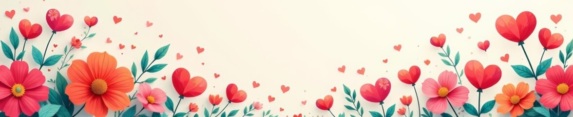 Colorful floral card with cartoon flowers and hearts, illustration, love, cute