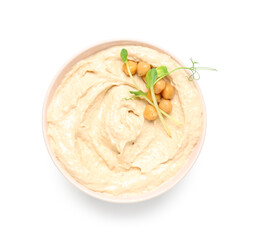 Bowl of delicious hummus with chickpeas and micro green on white background
