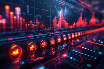 A futuristic data analytics dashboard featuring vibrant graphs and glowing controls in a digital environment.