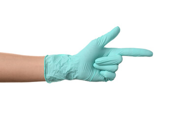 Female hand in medical glove pointing at something on white background