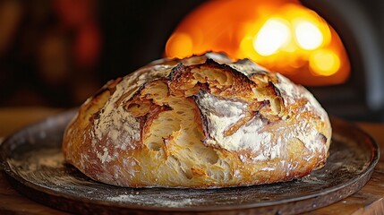 Freshly baked artisan bread in a rustic oven with warm flames