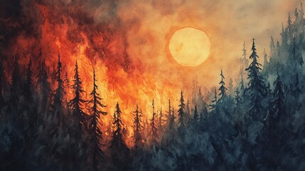 Forest Fire Under a Full Moon: A Watercolor Painting
