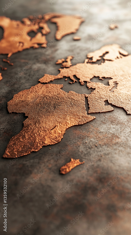 Poster embossed copper world map on dark textured surface, showcasing global connectivity and exploration t