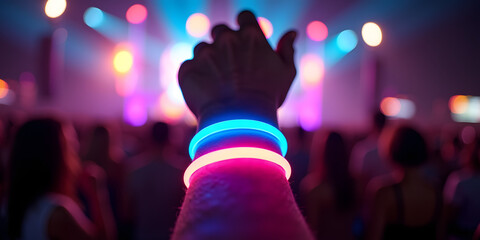 A hand wearing glowing blue and pink bracelets is raised in excitement at a vibrant concert, with blurred silhouettes of the crowd and colorful stage lights