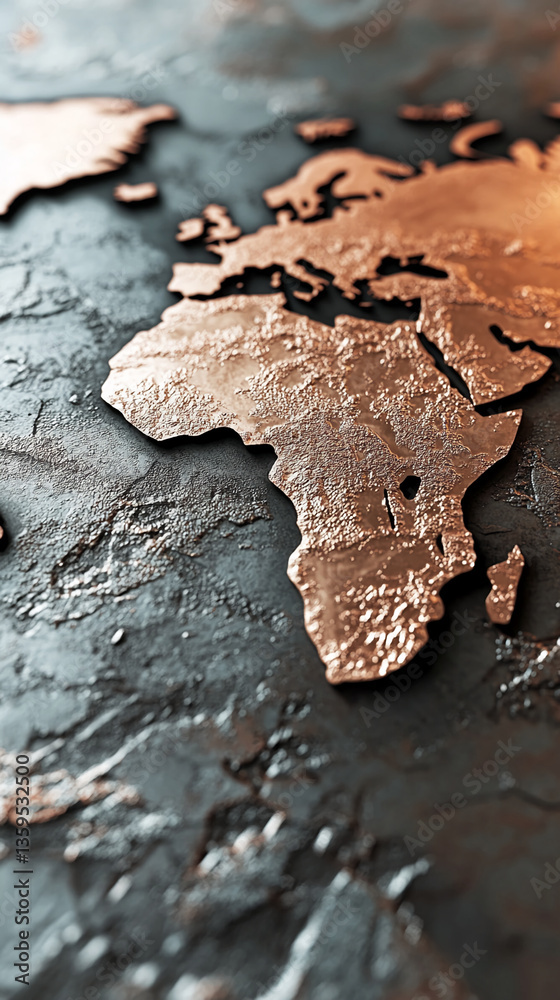 Poster rose gold world map embossed on dark textured surface, showcasing global connectivity and travel the