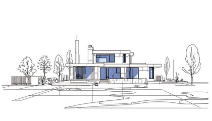 Modern house with large windows and surrounding greenery