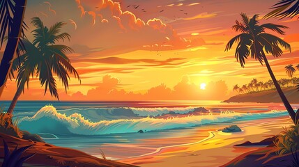 Amazing sunset over the ocean. The warm colors of the sky and the gentle waves create a peaceful and relaxing scene.
