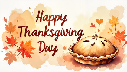 Fototapeta premium Happy Thanksgiving Day illustration with pie and autumn leaves, gratitude