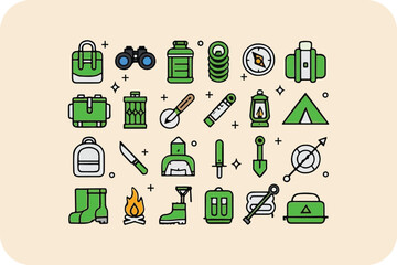 Camping and Outdoor Gear Icon Set with Essential Equipment in Green