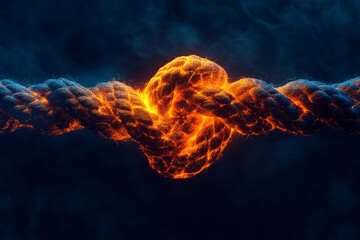 Glowing orange knot in a thick rope against a dark blue background, symbolizing strength, connection, or overcoming challenges