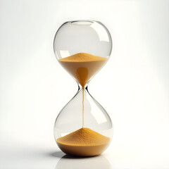  A sleek, transparent hourglass with golden sand flowing, symbolizing time management, urgency, and meeting deadlines, realistic detail on white background.