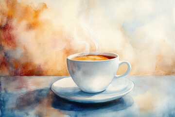 Obraz premium A cup of coffee on a rustic wooden table, steam rising gently, beside a pile of books and a pair of glasses. Sunlight filters through a nearby window.