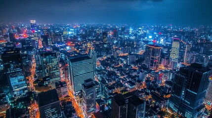 Fototapeta premium Dense urban skyline alive with shimmering lights, electricity lighting every corner, glowing windows and buzzing streets, wide shot, immersive nighttime atmosphere. 