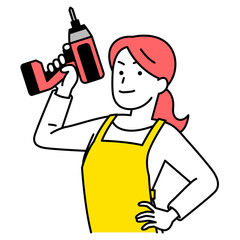 インパクトドライバーを構えるエプロン姿の女性