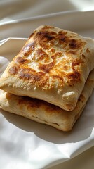 Golden brown flatbreads stacked on a creamy white background