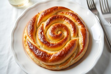 Golden pastry spiral glistening perfection on white 50