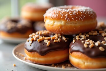 Delicious donuts stacked tempting treat macro detail