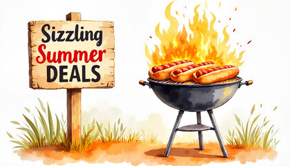 Sizzling summer deals with fiery grill and hot dogs, festive cookout