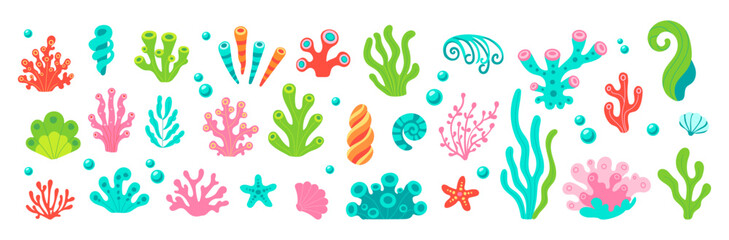 A colorful array of sea plants and sea creatures. The image is a vibrant and lively depiction of the ocean's ecosystem