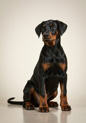 Obraz premium Elegant Doberman Pinscher Puppy Dog Sitting Proudly – Studio and Outdoor Portraits