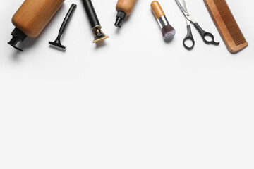 Set of male shaving accessories on white background