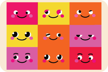 Fototapeta premium Grid of Nine Square Faces with Varied Expressions in Bright Colors