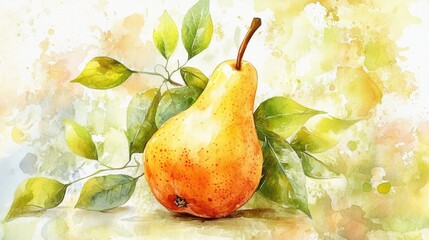 Watercolor Painting of a Juicy Pear with Leaves
