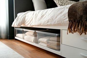 Minimal home storage solutions concept. Modern bed with storage drawers and cozy textiles underneath.