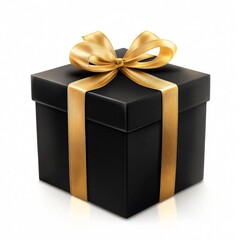 Fototapeta premium Elegant Black Gift Box with Luxurious Golden Ribbon on White Background. Generative AI