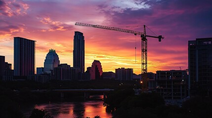 Fototapeta premium Silhouetted Crane Against Vibrant Sunset in Austin Landscape