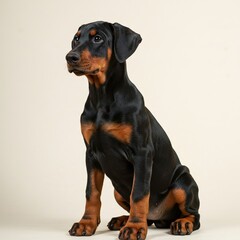 Obraz premium Elegant Doberman Pinscher Puppy Dog Sitting Proudly – Studio and Outdoor Portraits