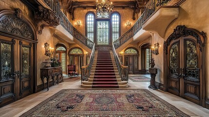 Obraz premium Elegant castle interior with high vaulted ceilings, a grand staircase with wrought-iron railings, and a luxurious rug leading to ornately carved wooden doors. 