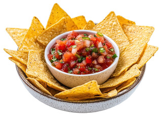 Isolated Bowl of tomato salsa served with tortilla chips