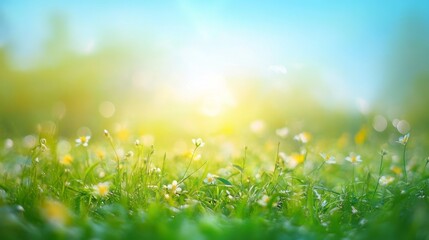 Obraz premium Bright and airy spring meadow background with soft blur effect, gradient from clear blue sky to vibrant green grass, ideal for nature-themed designs and seasonal projects