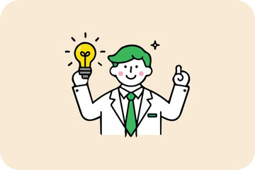 Man with Green Hair Holding Light Bulb, Idea Symbol, on Light Background