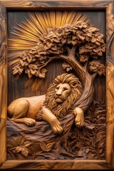 Carved Wooden Lion and Tree Artwork in Intricate Detail