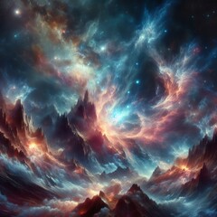 Nebula Peaks Mountains shrouded in a cosmic fog with swirling pa