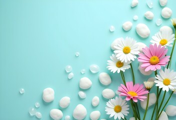 Vibrant calm: the quiet cheer of spring. Top view shot of white and pink daisies, white pebbles on a turquoise watery background with space for heartfelt messages