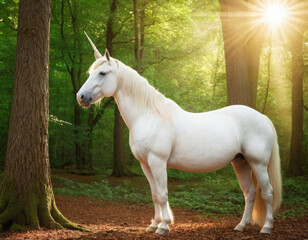 Fototapeta premium Generative AI Unicorn in Enchanted Forest Sunlight unicorn forest sunlight white mythical creature tree green mane horn magic fantasy serenity purity enchantment - High Quality Image