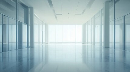 Fototapeta premium Empty bright room with neutral walls, glossy floors reflecting light from large sliding glass doors, and minimal architectural details for a sleek appearance. 