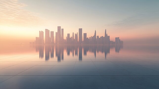 Empty floor with a sleek, polished surface, reflecting the stunning city skyline in the distance, the modern skyscrapers glowing softly under a clear sky, perfect as a car backplate 