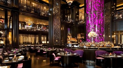 An elegant dining room with a sophisticated atmosphere in the evening