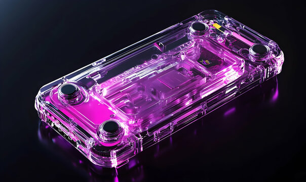 Transparent purple handheld gaming console on a dark background, showcasing intricate design and technology